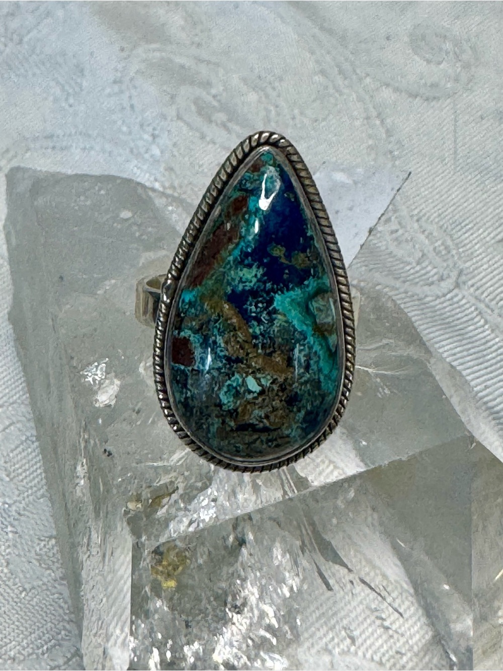 Sterling Silver Shattukite Gemstone Teardrop Statement Ring - Blue-Green Size 8 - Picture 3 of 8